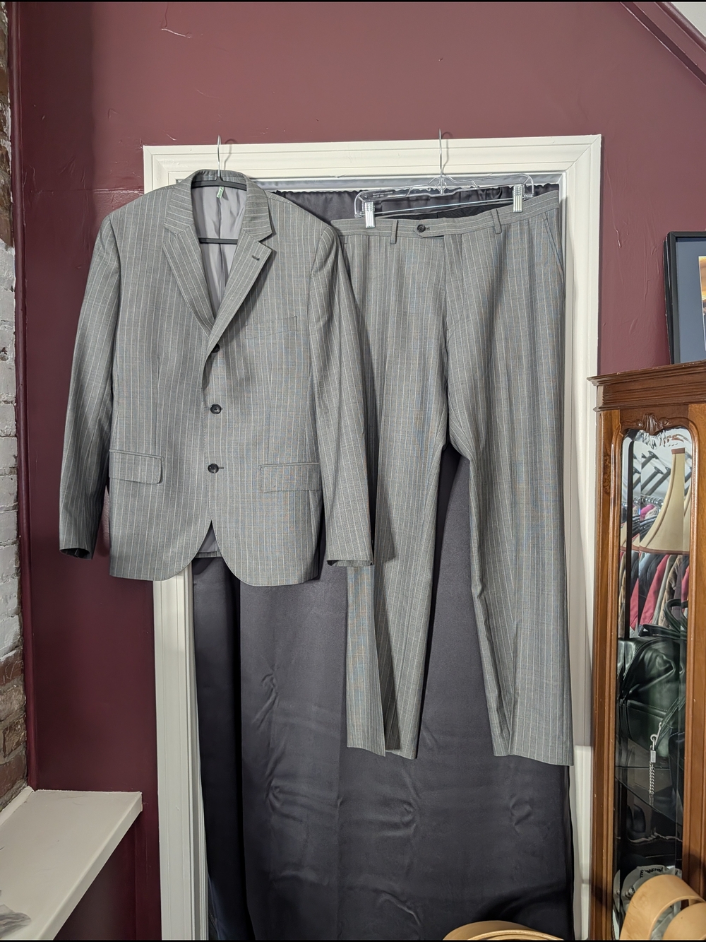 CARVEN Gray Pinstripe Savile Row Wool Men's 2pc Suit - Jacket and Trousers